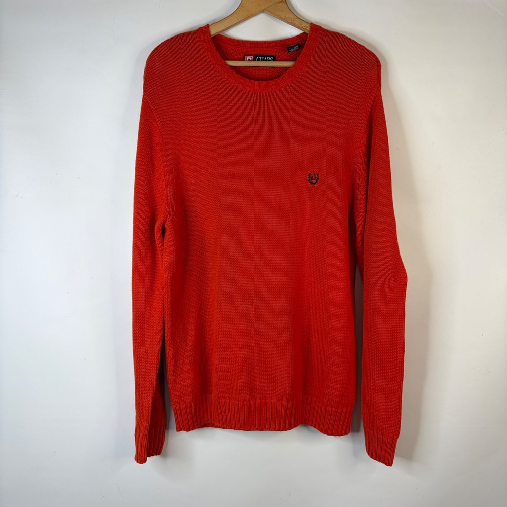 Chaps Sweater Mens Large Orange Cotton Shaker Knit Crew Neck Pullover Logo